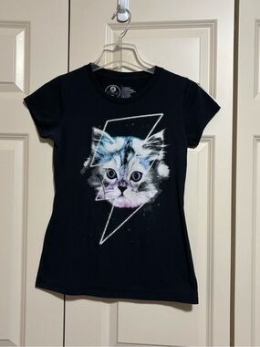 Black Cat Graphic Tee with Blue and Pink Kitten Accent